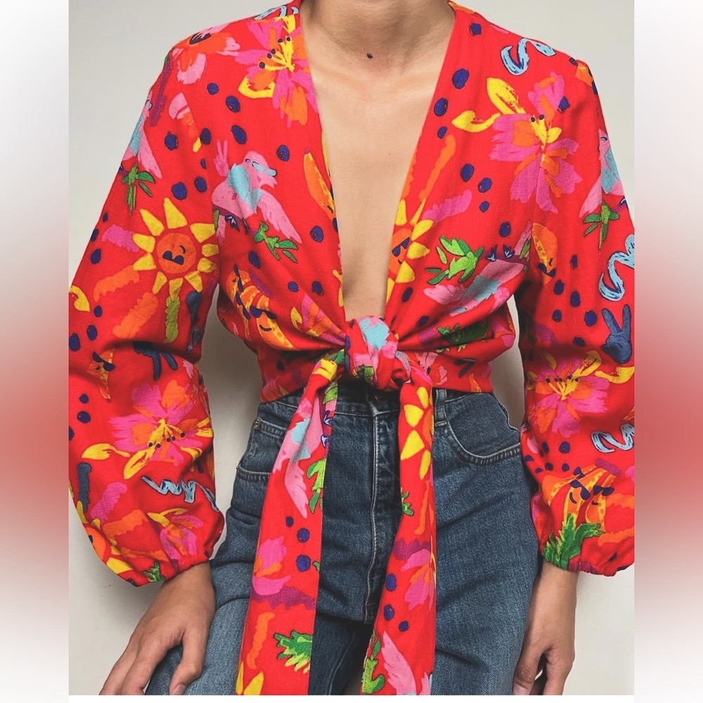 Anthropologie | Maison D’Amelie Floral Red Tie-Front Blouse Sz M